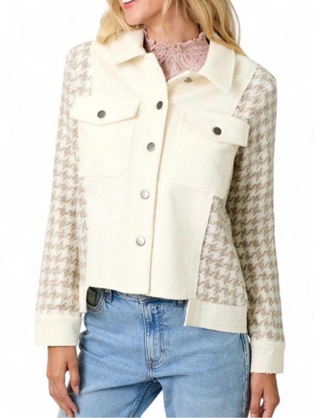 Mystree Corduroy Jacket S Cream Herringbone Mixed Media Utility Shacket fall